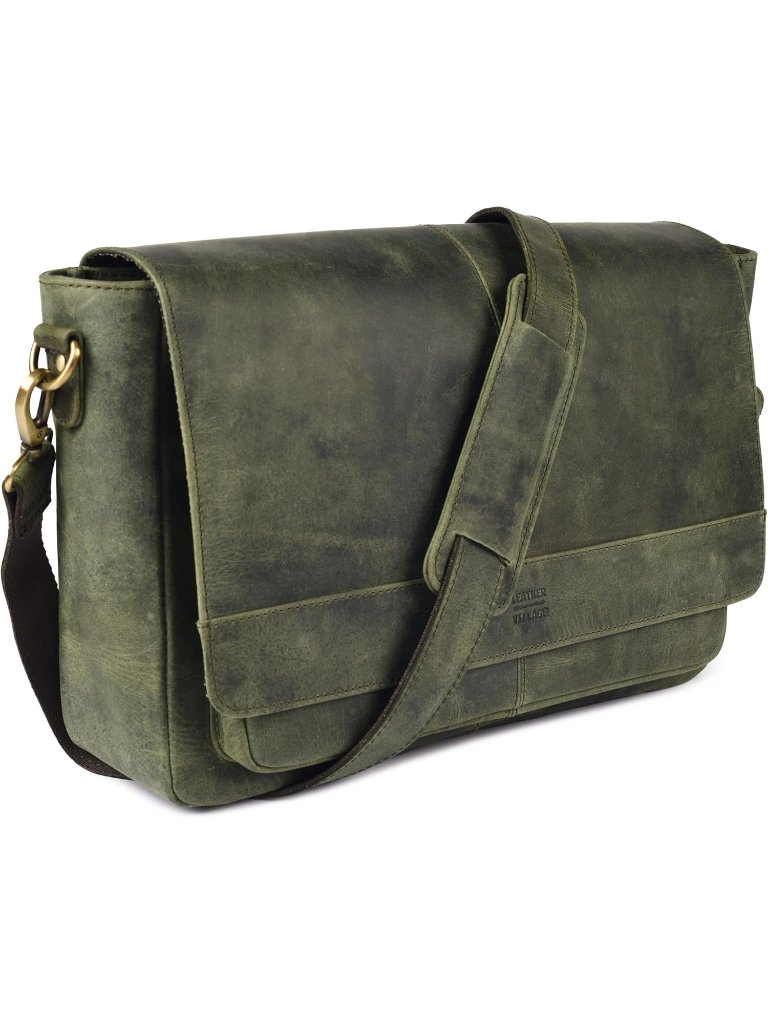 Men's Green Vintage Leather Messenger Bag15.5" Handmade Satchel Travel